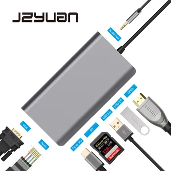 

JZYuan USB C HUB USB C to HDMI 4K VGA Ethernet PD Thunderbolt 3 Adapter For Macbook Pro Samsung S9 Huawei P20 Pro USB HUB 3.0