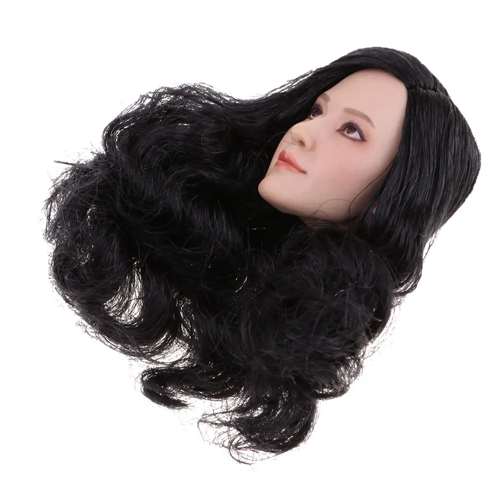 1/6 Female Head Sculpt Carved Model with Long Curly Hair for 12