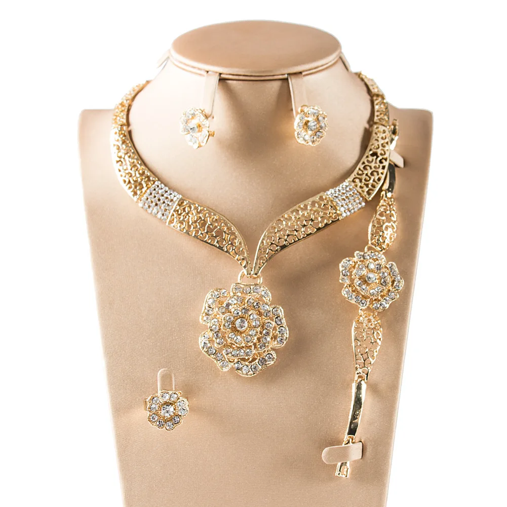 Dealky Necklace Set Jewelry Gold Rhinestone Flower Luxury Costume
