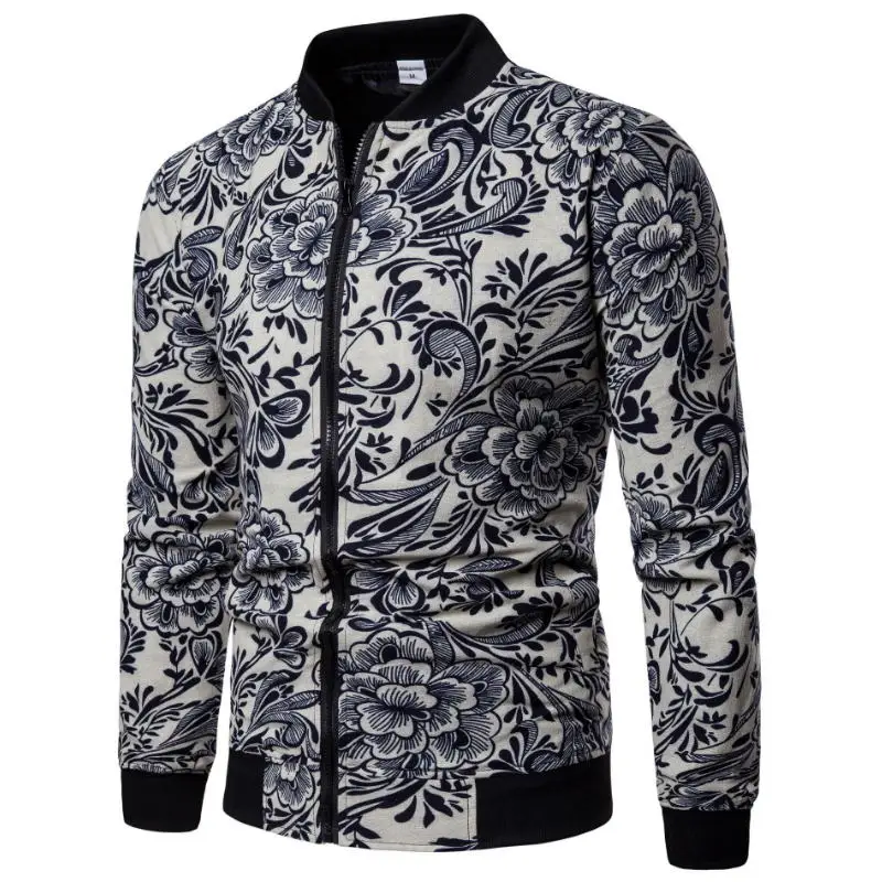 2019 Autumn Fashion Linen Jacket Men Hip Hop Large Size Flowers Pilot Bomber Coat Men's Printing Jackets EUR S-2XL | Мужская одежда