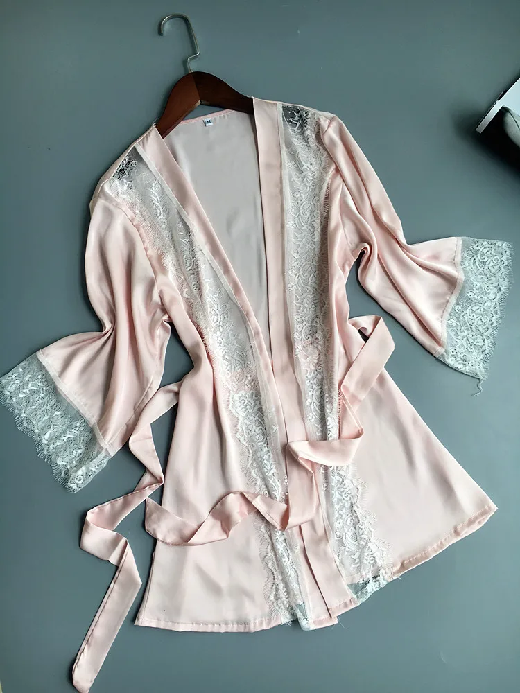3 PCS Woman Spring Autumn Pajamas Set Sexy Lace Satin Silk Pajamas Long Sleeve Sleepwear For Women Long Sleeves Homewear Pijama 12