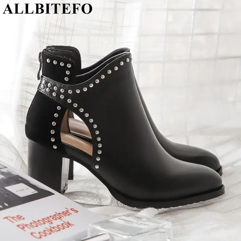

ALLBITEFO brand real genuine leather women boots rivets Summer fashion ladies girls high heel ankle boots motorcycle boots shoes