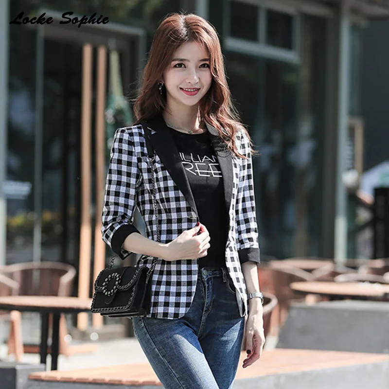 1pcs Women Plus size Slim fit Blazers coats 2019 Summer cotton blend plaid Small Suits jackets ladies Skinny Blazers Suits coats
