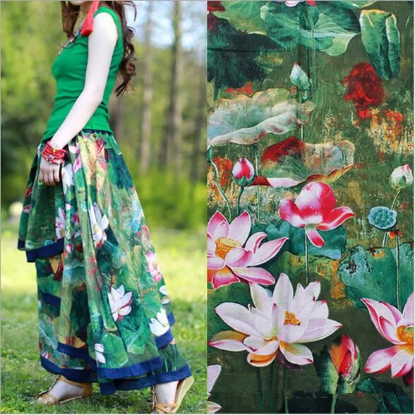 

ethnic Lotus cotton linen fabric diy felt cloth for couture home textile sewing pattern patchwork craft curtain bag fabric tissu