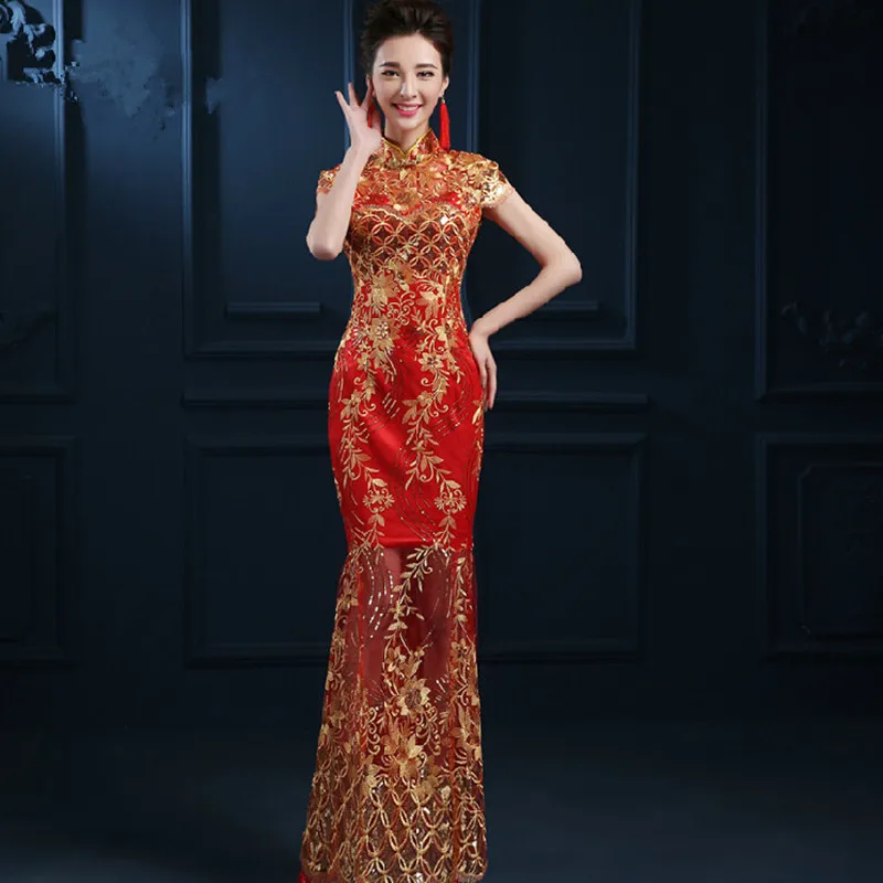 2017 New Red Lace Cheongsam Dress Bride Wedding Qipao Chinese Traditional Wedding Dress Oriental Dresses Robe Chinoise