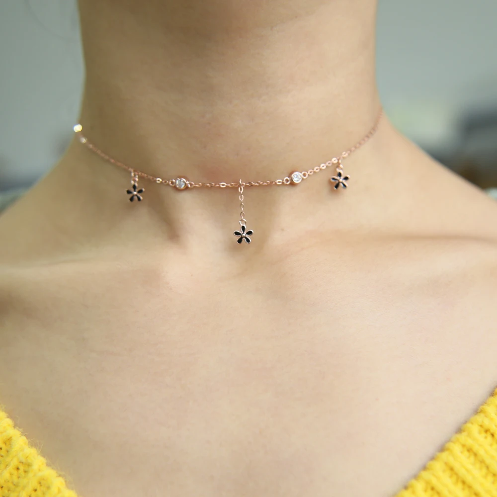 

dainty delicate jewelry tiny cute balck pink flower cham drop Gold rose gold color jewelry high quality necklace real 925 silver