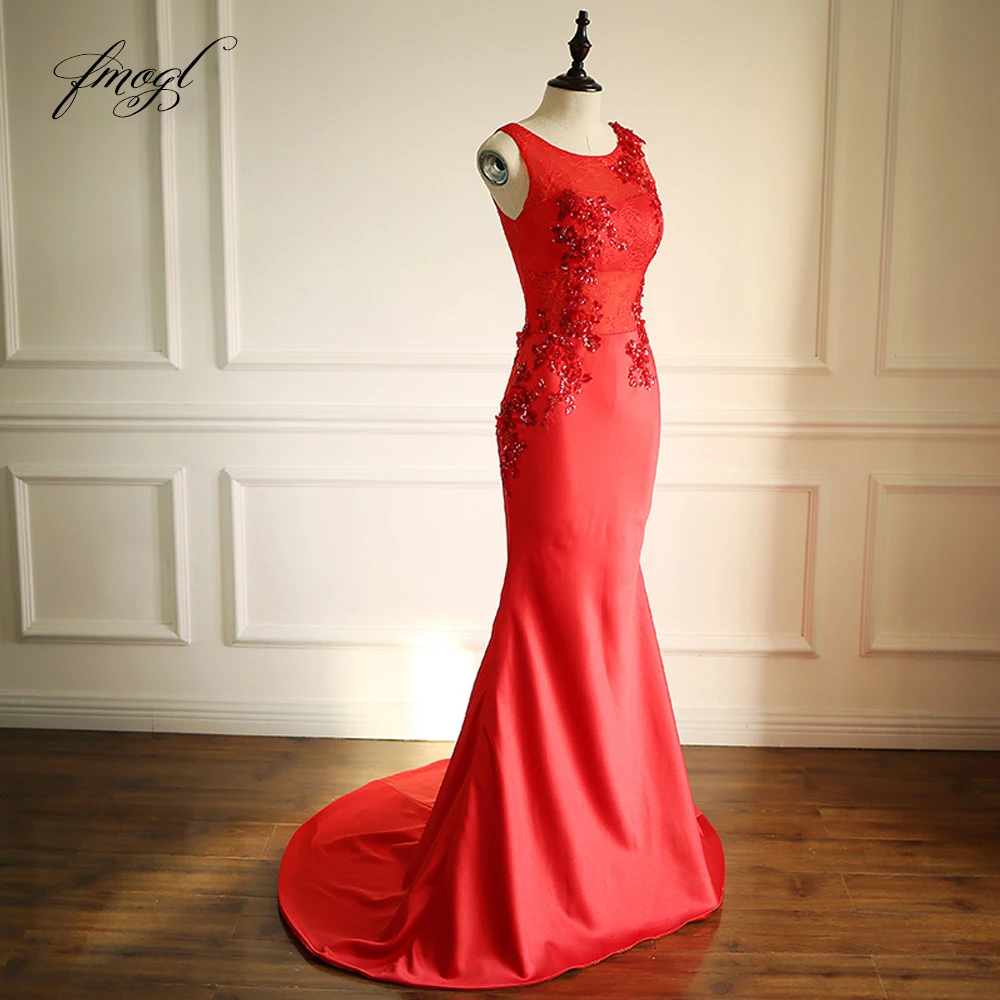 

Fmogl Sexy Illusion Long Mermaid Evening Dresses 2019 Appliques Beaded Sweep Train Formal Dress For Party Vestido De Festa