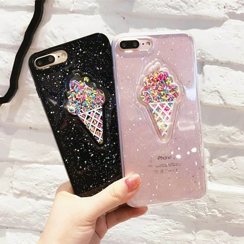 

LOVECOM Funny 3D Shiny Glitter Powder Ice Cream Phone Case For iPhone XS X XS Max XR 6 6s 7 8 Plus Soft Epoxy Protector Cover