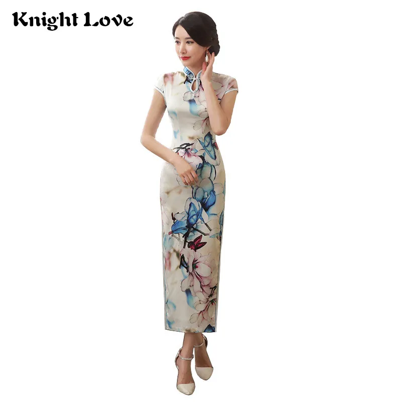 

New Arrival Chinese Traditional Dress White Short Sleeve Satin Sexy Cheongsam Charming Qipao Evening Dresses Long Chinese Dress