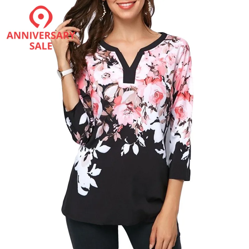 زائد حجم 5XL النساء قمم و بلوزة 2019 الربيع الصيف أعلى زهرة طباعة قميص بلوزة من عنق v الأزياء الإناث عارضة فضفاض قمصان Blusas
