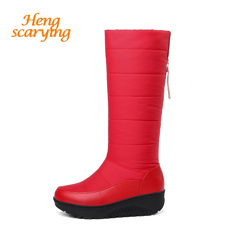 

2018 Plus Size 44 Women Knee High Winter Warm Down Plush Snow Boots Female Long Platform Wedges Boots Lady Rubber Red Bota Shoes