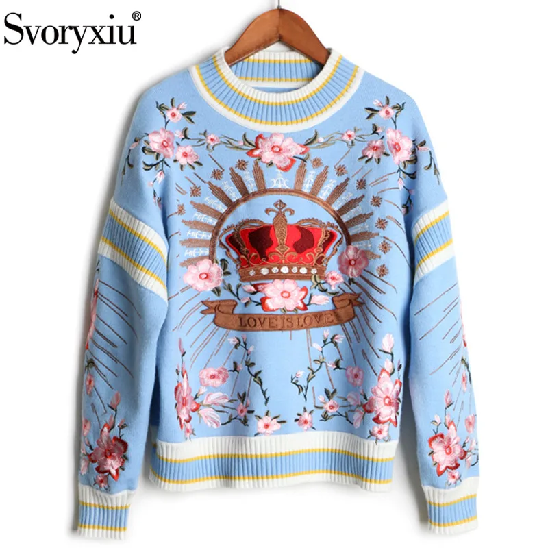 Svoryxiu 2018 Runway luxury Winter Knitting Pullovers Women's High Quality Floral Crown Embroidery Casual Loose Blue Sweater