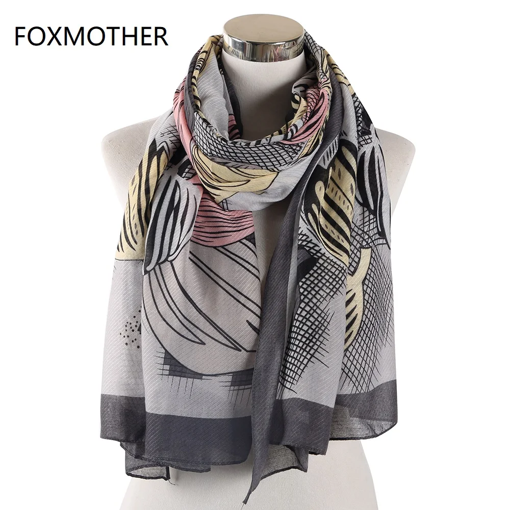 

FOXMOTHER New Vintage Grey Floral Bufanda Mujer Flower Foulard Pashmina Evening Wraps Scarves Ladies Autumn And Winter Scarfs