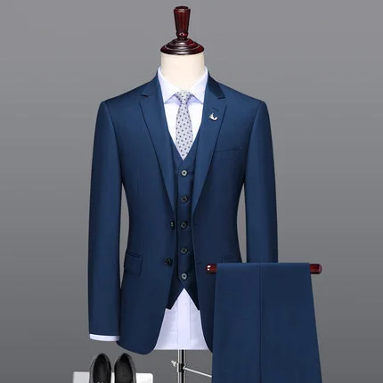 Шерсть высокого качества материал Королевский синий мужские костюмы набор тонкий офис бизнесмен Свадебный костюм жениха наборы однобортный Повседневный - Цвет: blazer vest pant 3pc