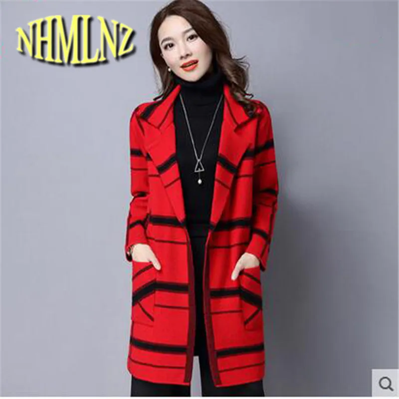 

2018 New Autumn and Winter Women Coat Long-sleeved V-neck Plaid Medium Long Knitted Cardigan Women Coat Loose Casual Wind WUN33
