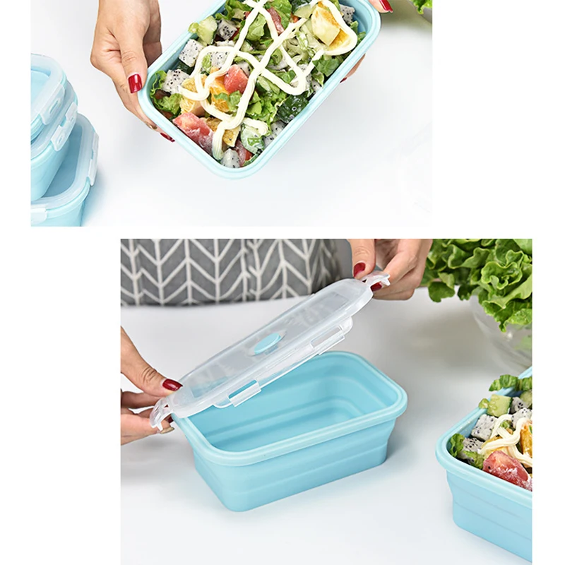 Hot Sale 4 Piece Set Blue Food Grade Silicone Lunch Box Folding Eco-Friendly Food Container Bento Box Collapsible Portable Mic