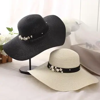 Gran oferta 2019 de sombreros de paja de ala ancha de rafia con parte superior redonda, sombreros de Sol de verano para mujeres con sombreros de playa de ocio, Gorras planas de señora