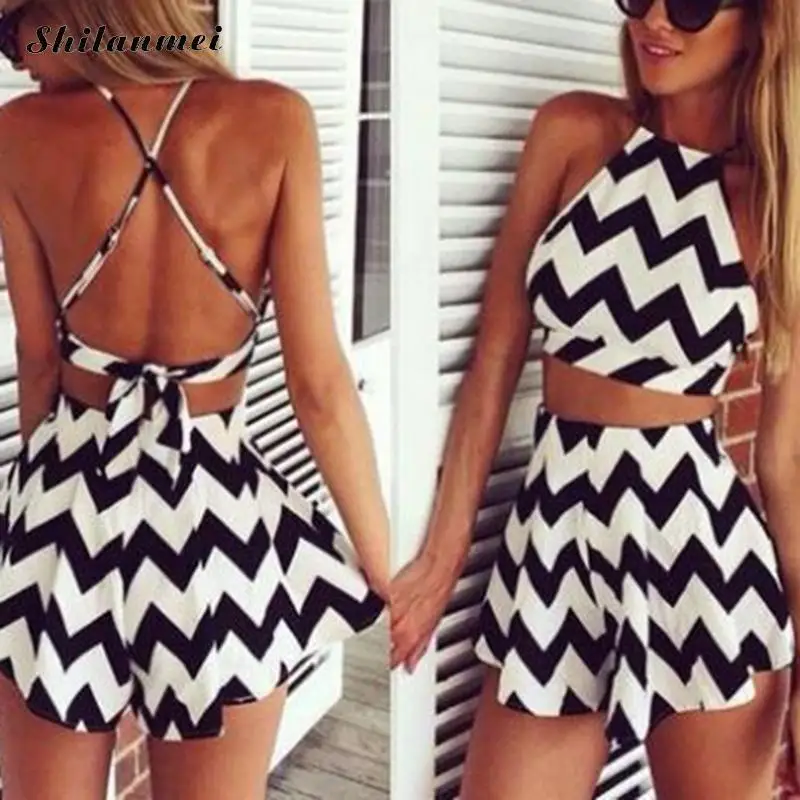 

Wave Striped Printed Women 2 Pieces Set Backless Lace Up Crop Tops + Short Skirts Summer Beach Chiffon Halter 2 Piece Outfit Set
