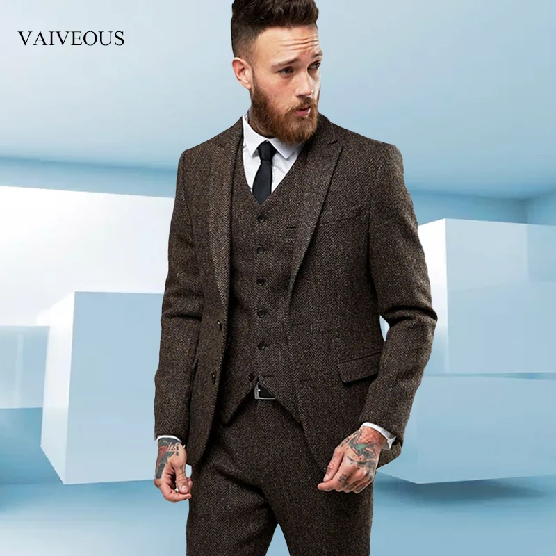 На заказ, твидовый шерстяной Коричневый мужской костюм в елочку, британский стиль, современный Блейзер, 3 предмета, облегающий мужской костюм s(пиджак+ брюки+ жилет