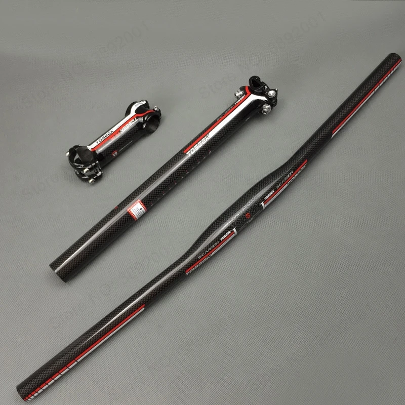 

super light TOSEEK full carbon MTB bicycle riser handlebar + light stem + seatpost mountain bike handlebar set 500g red 3K
