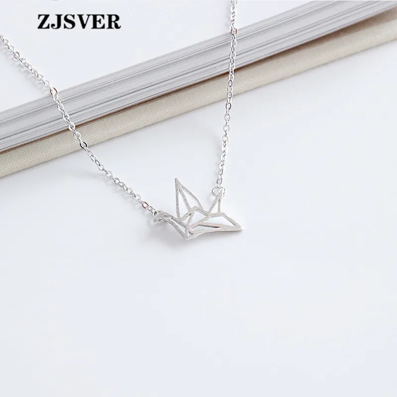

ZJSVER Fine Jewelry 925 Sterling Silver Necklace Geometric Paper Crane Shape Pendant Fashion Clavicle Chain Women Necklace