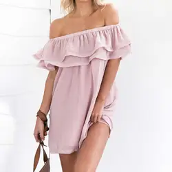 С открытыми плечами шифон рябить сексуальный Для женщин Повседневное 2018 летние пляжные короткое платье; мягкие свободные розовый