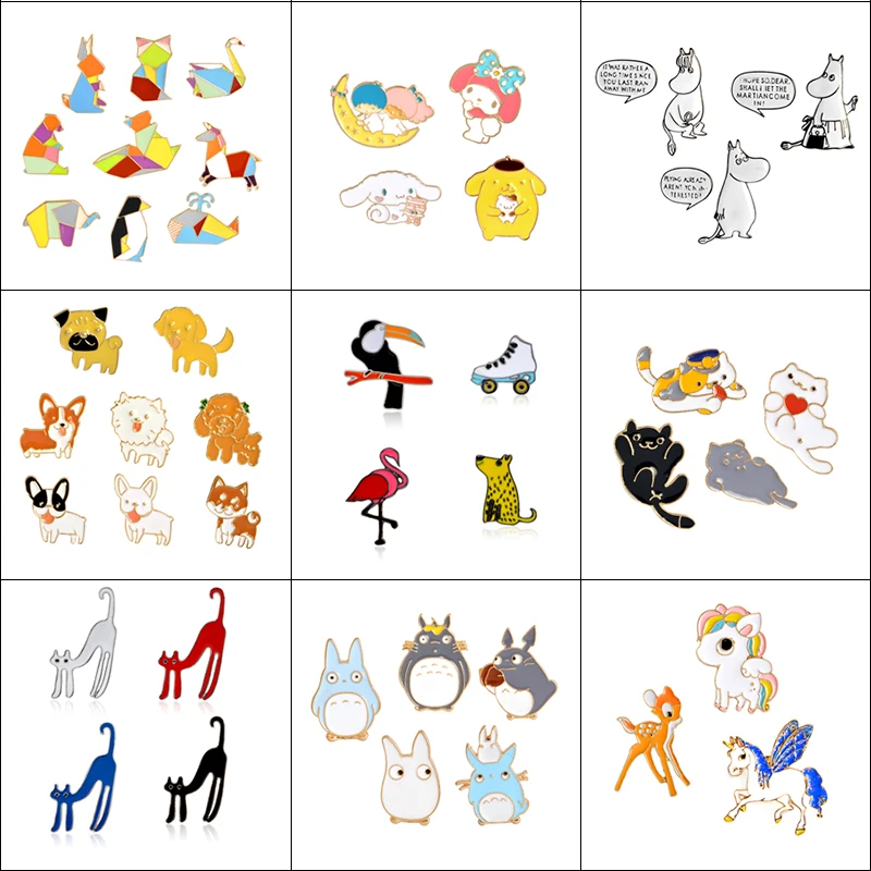 136 25 De Réduction3 9 Piècesensemble Dessin Animé émail Animal Broche Chat Chaton Chien Hippo Bouton Broches Chemise Veste épinglette Collier