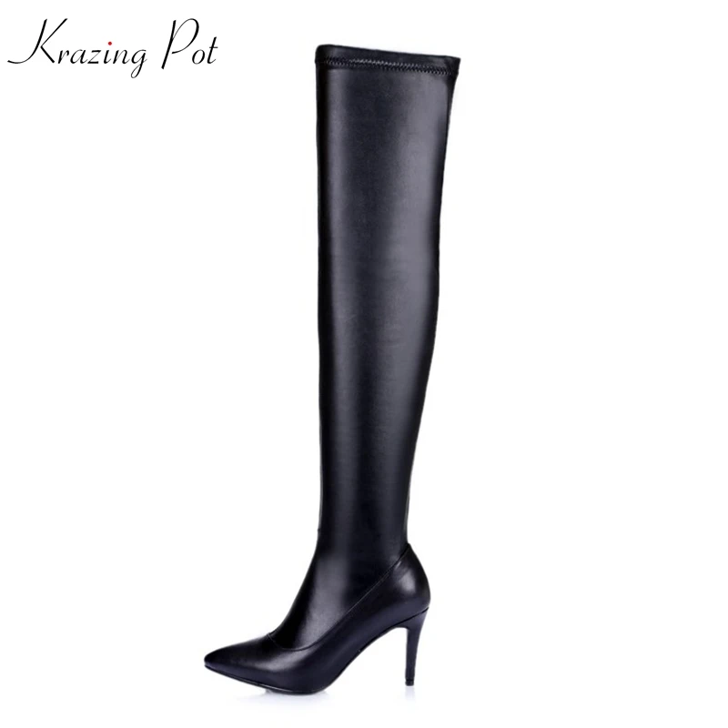 

Krazing Pot cow leather pointed toe winter boots super high heels nightclub sexy women Chelsea keep warm over the knee boots L65