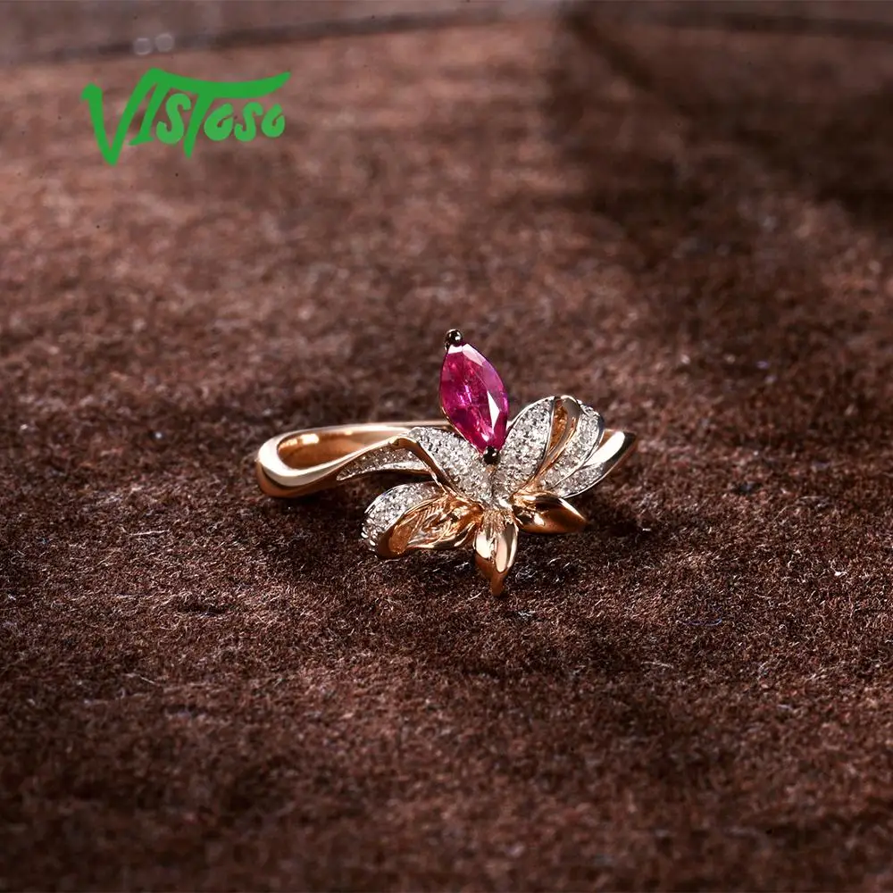 VISTOSO, Настоящее розовое золото 14K585, необычное рубиновое блестящее бриллиантовое кольцо для леди, Свадебное обручальное кольцо, модное роскошное ювелирное изделие