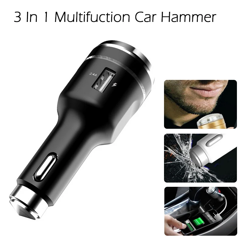 

New Arrival 3 IN 1 Multifunction 12-24V 2.4A Portable Car Razor Self-defense USB Chargers Emergency Hammer Safety Escape Tool