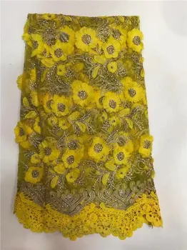 

Heavy 3D French Lace Fabric with pearls and diamonds 5 yard Soft African tulle net lace tissue for wedding party yellow
