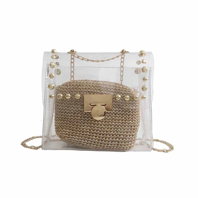 Emarald Clear Plastic Handbags 2018 Summer Women Messenger Bag Rivet Emarald Clear Plastic Handbags 2018 Summer Women Messenger Bag Rivet Chains Shoulder Transparent Straw Purse