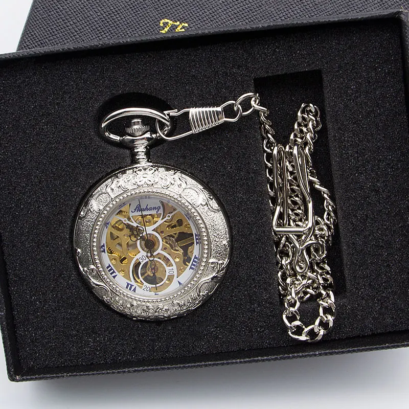 Новые модные крутые Механические карманные часы с каркасом, прозрачные заводные часы унисекс, лучшие подарки с цепочкой PJX1369