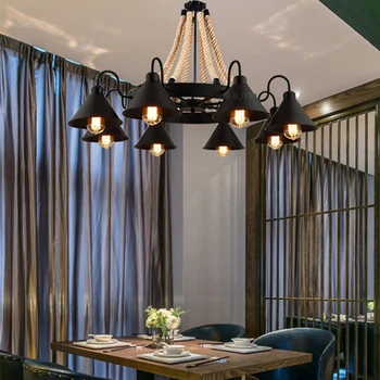 

SGROW Hemp Rope industrial Lampshade Iron Pendant Lights for Living Room Dining Room Loft Clothe Creative Retro Hanging Lampara