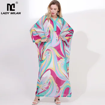 

Lady Milan Women's Runway Dresses V Neck Long Sleeves Loose Design Batwing Sleeves Printed Fashion Casual Holiday Dresses