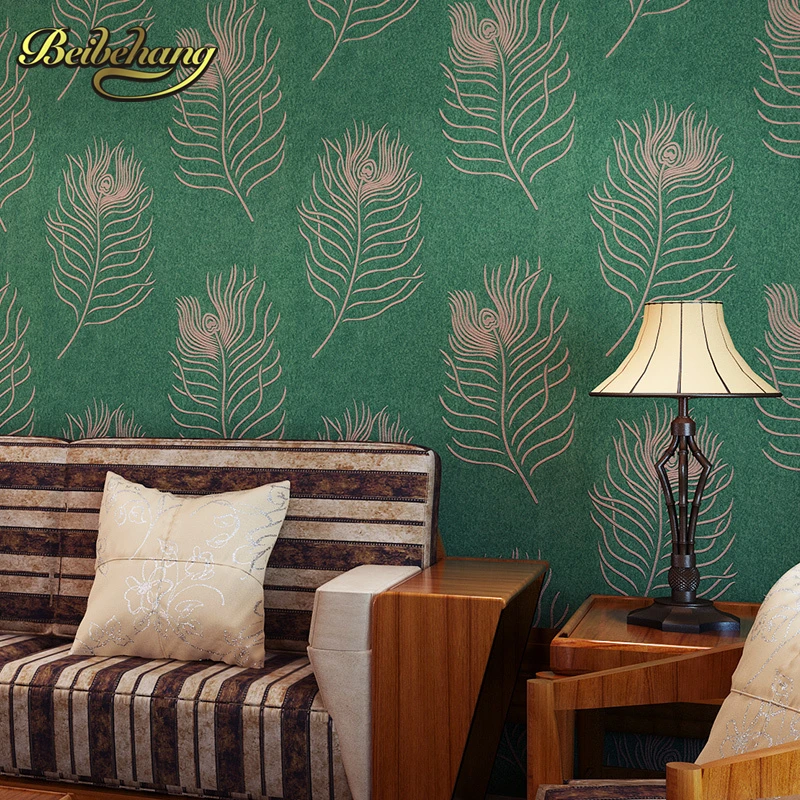 

beibehang wall paper peacock feathers exotic Southeast thicker non-woven wallpaper for living room TV backdrop 3D wallpaper roll