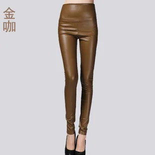 Новая весенняя женская брендовая одежда с высокой талией узкие брюки из искусственной кожи женские модные флисовые обтягивающие брюки из искусственной кожи Леггинсы - Цвет: Gold coffee
