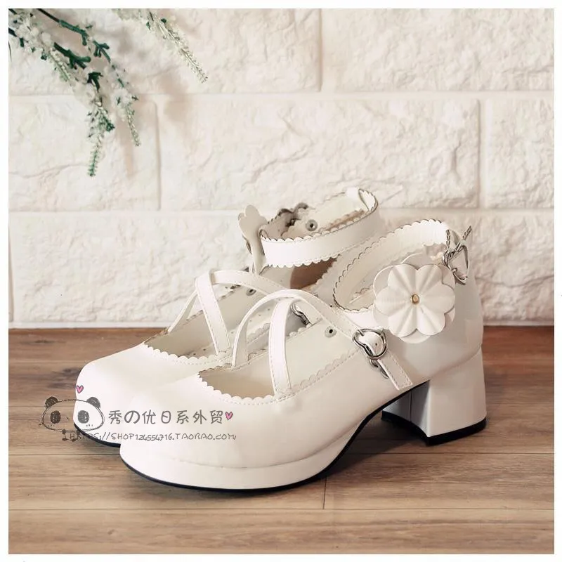 

Cos white sweet maid lolita sponge cake with high heel flower shoes japanese sweet Lolita Shoes