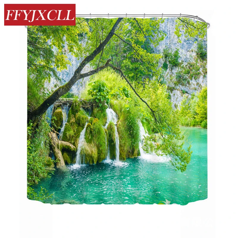

Charming Landscape Green Trees Waterfall Polyester Fabric Waterproof Mildew Printing Bathroom Shower Curtain With 12pc Hook