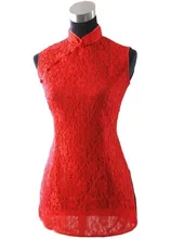 Red Chinese Sexy Female Lace Shirt Tops Slim Floral Hollow Out Crochet Blouse Classic Button Tang Suit Size S M L XL XXL J008-A