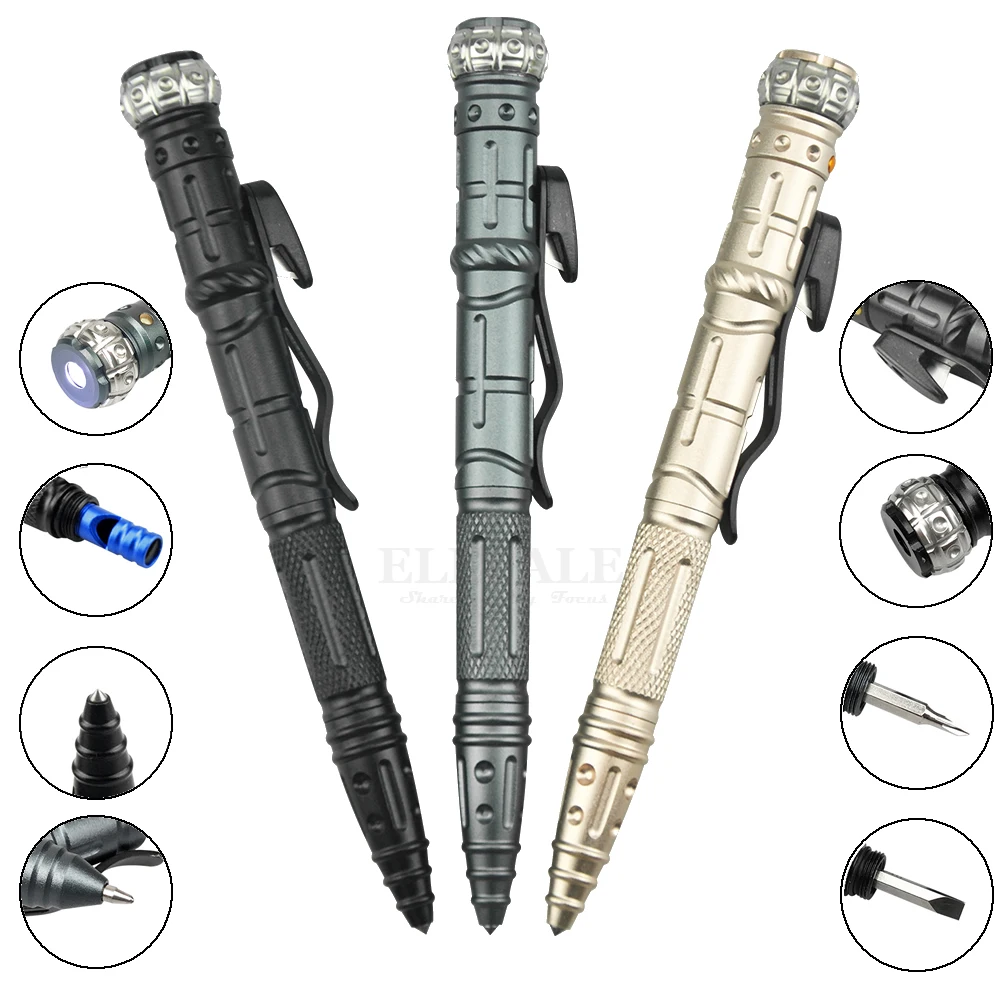 

LED 8-In-1 Multi-Function Self Defense Gyro Tactical Pen Outdoor Survival EDC Tool Emergency Light Glass Breaker gyroscope Whist