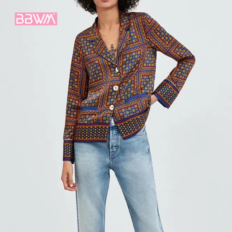 

Exquisite three buckle 2018 autumn new women's fashion wild thin printed casual lapel long-sleeved women's shirt tops