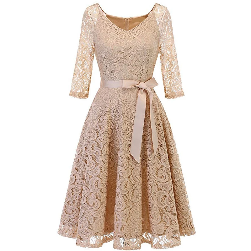 

2019 Autumn Lace Beige Dress Fashion Slim Sexy Hollow Out Evening Party Work Vintage Dresses Women Bow belt Vestidos Black