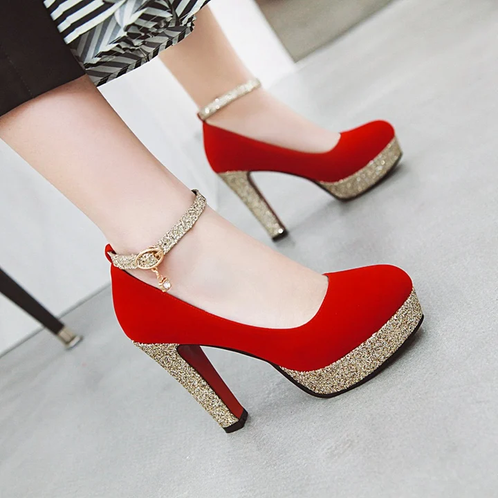 Весенне-осенняя женская обувь; туфли-лодочки mary jane на платформе, расшитые блестками; туфли для вечеринок на высоком квадратном каблуке с пряжкой; цвет синий, черный, красный - Цвет: Красный