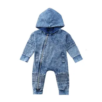 

0-3Y Toddler Baby Boys Fashion Casual Romper Clothes Long Sleeve Zipper Denim Blue Hooded Solid Jumpsuits Outfit Autumn Winter