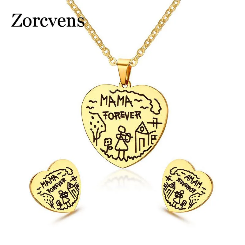 

ZORCVENS Gold-Color Stainless Steel Heart Earrings and Necklace Jewelry Set Women Accessories Mother's Day gift