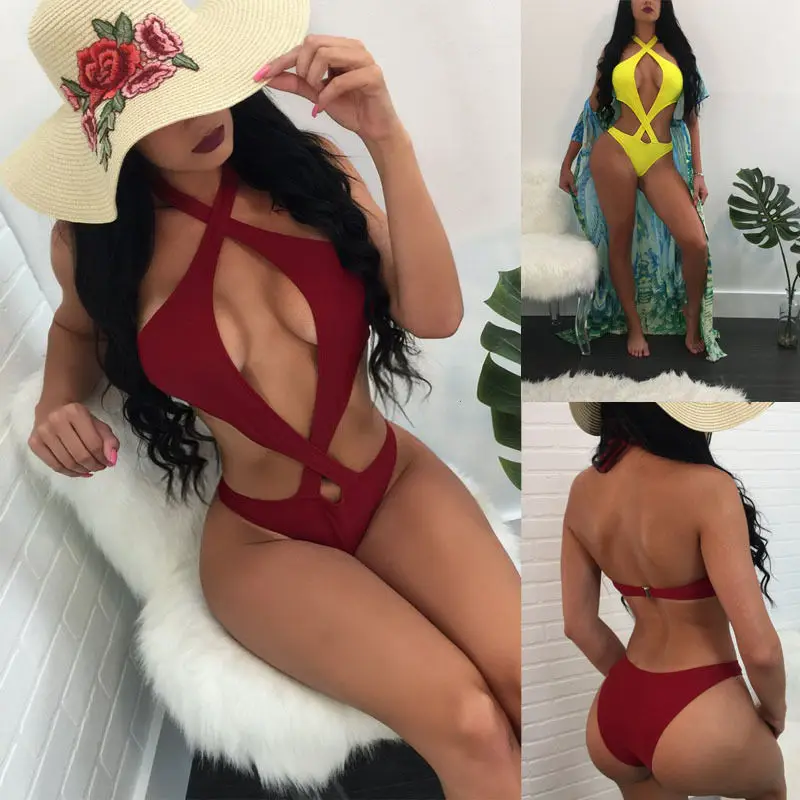 

sexy Women One-Piece solid color Push-up Bikini Padded Set high waist halter Bandage Swimsuit Swimwear Beachwear bathing suit