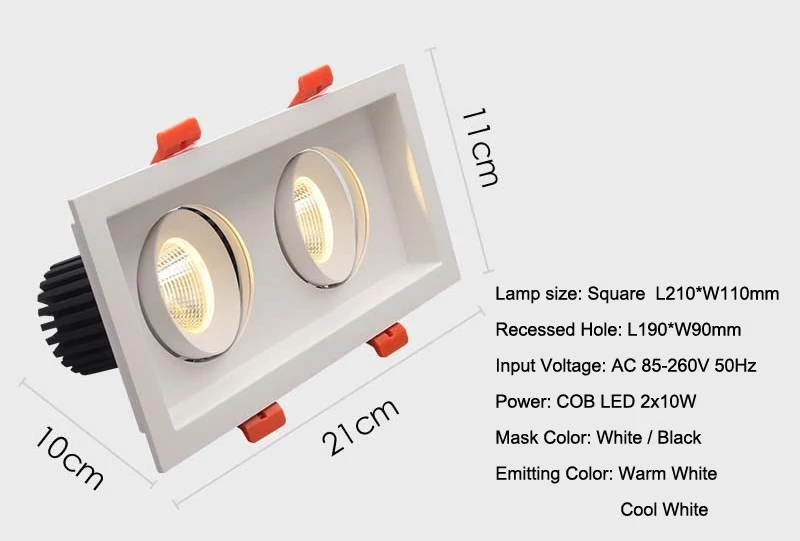 Светодиодный светильник 2x10 Вт COB ультраяркие светодиоды точечный свет для гостиной встроенный, потолочный светильник прямоугольная Антибликовая AC85-265V