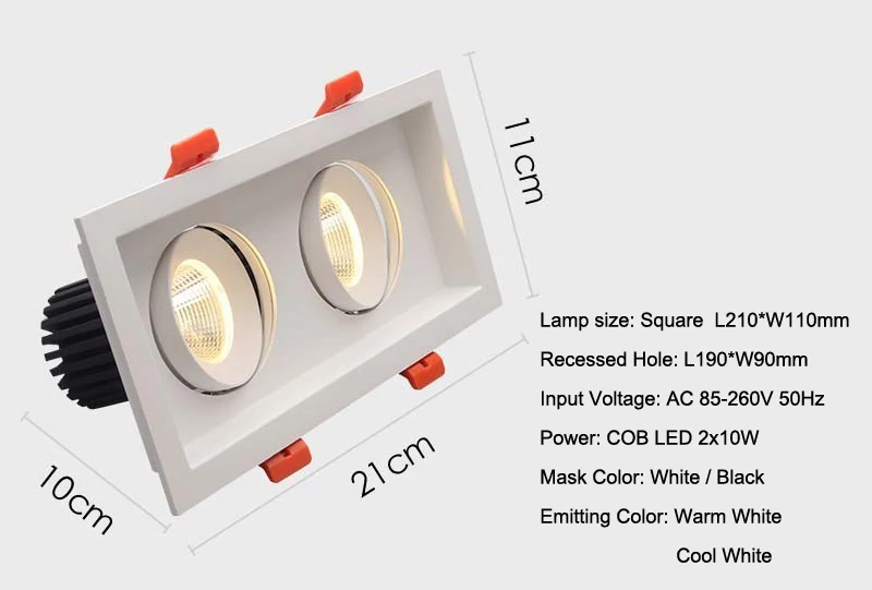 Light para Sala de Estar Lâmpada do Teto Ultrabright Levou Downlight 2x10 w Cob Led Spot Incorporado Retângulo Anti glare Ac85 265v 13 do teto Incorporado retângulo Anti-glare AC85-265V