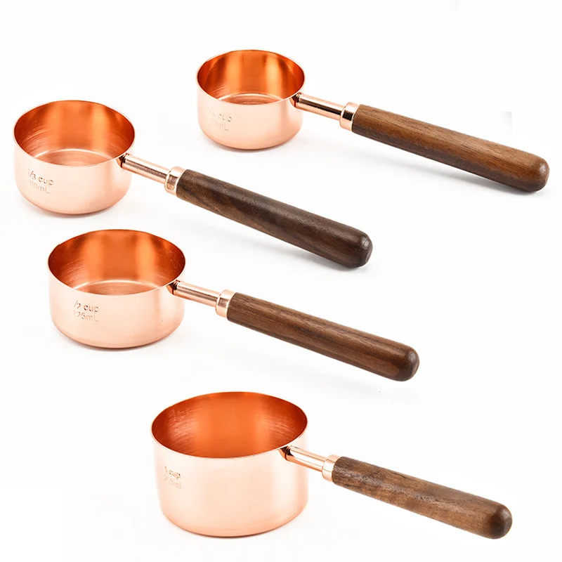 

4pcs Measuring Cup Walnut Wood Handle Rose Gold Baking Tool Measuring Spoon Set Kitchen Accessories